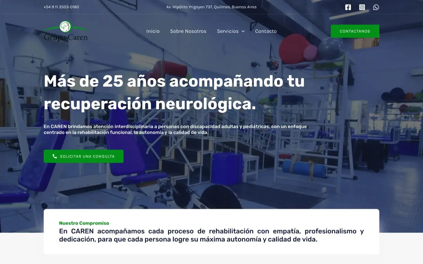 Sitio web de centro de rehabilitación neurológica en Quilmes, Grupo CAREN, vista escritorio