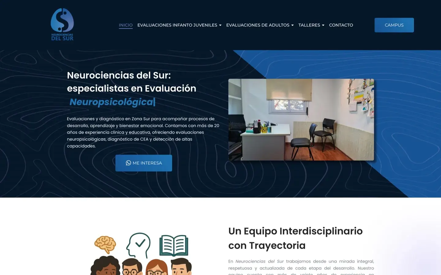 Sitio web de centro de evaluaciones y diagnóstico en Zona Sur, Neurociencias del Sur, vista escritorio
